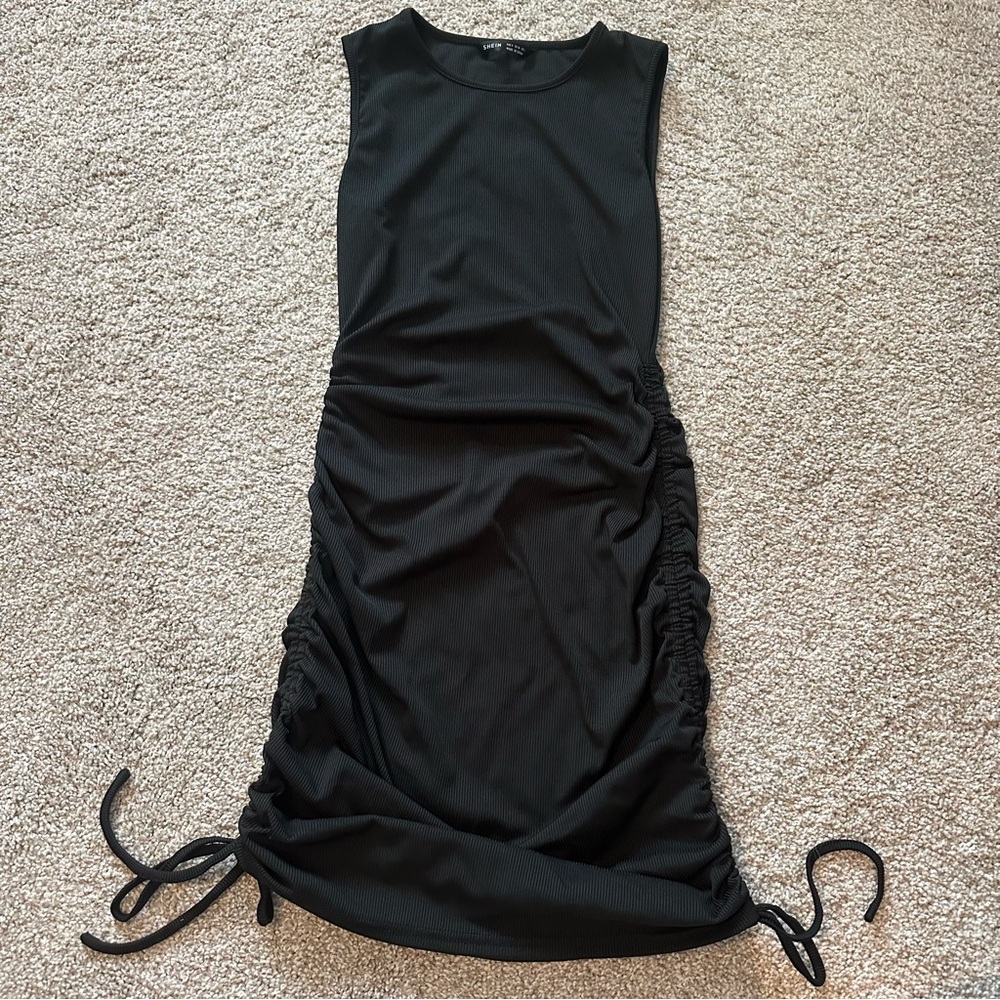 NWOT SHEIN Tie Scunchie Ruched Side Mini Bodycon Black Dress Size Small